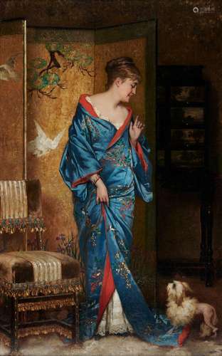 Frans VERHAS 1827-1897 
LE KIMONO BLEU
Huile sur panneau sig...