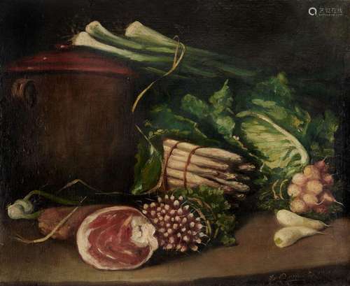 ÉCOLE VERS 1900
NATURE MORTE AUX CHOUX ET AUX ASPERGES, 1900...