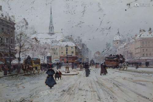 Eugène GALIEN-LALOUE 1854-1941
PLACE ANIMÉE EN HIVER 
Gouach...