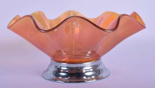 AN ART DECO IRIDESCENT GLASS CARNIVAL STYLE BOWL with chrome...