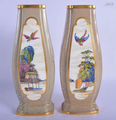 A RARE PAIR OF ROYAL WORCESTER PORCELAIN VASES decorated wit...