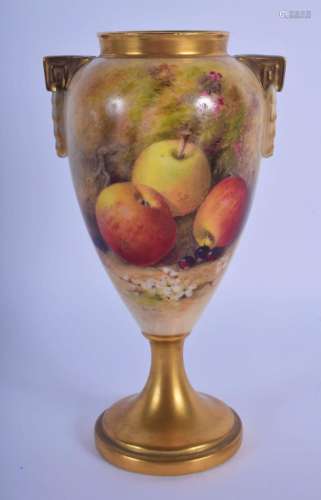 A ROYAL WORCESTER FRUIT PAINTED PORCELAIN VASE by Ricketts. ...