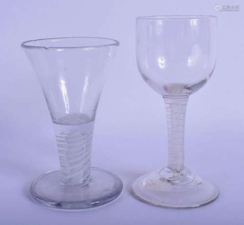 TWO GEORGE III WHITE TWIST STEM GLASSES. Largest 13 cm high....