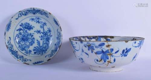 A LARGE 18TH CENTURY DELFT BLUE AND WHITE BOWL together with...