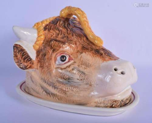 AN ANTIQUE CONTINENTAL BOVINE COW HEAD SERVING DISH AND COVE...