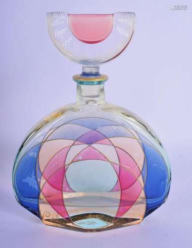 A STYLISH MIXED COLOUR GLASS SCENT BOTTLE AND STOPPER of art...