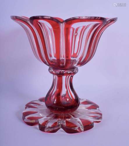 AN ANTIQUE BOHEMIAN PEDESTAL RUBY AND CLEAR GLASS VASE. 16 c...