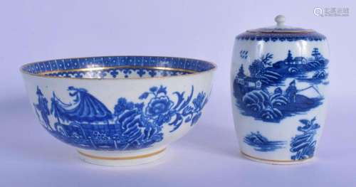 AN 18TH CENTURY CAUGHLEY BLUE AND WHITE TEA CANISTER AND COV...