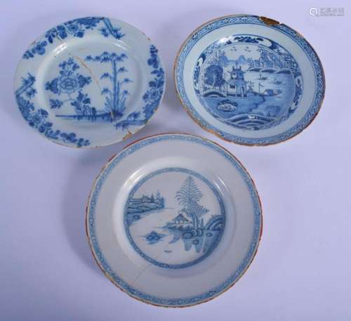 THREE 18TH CENTURY DELFT BLUE AND WHITE TIN GLAZED PLATES in...