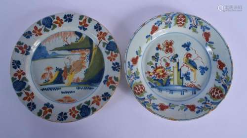 TWO 18TH CENTURY DELFT POLYCHROMED TIN GLAZED PLATES painted...
