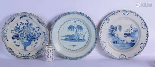 THREE LARGE 18TH CENTURY DELFT BLUE AND WHITE CHARGERS paint...