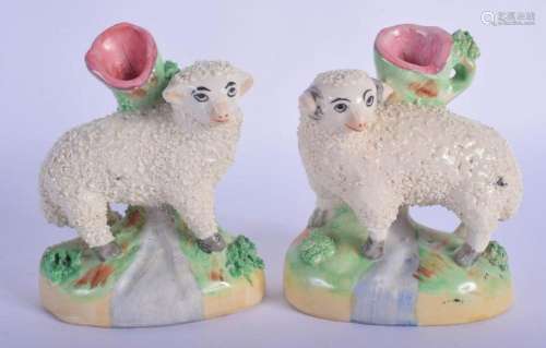 A PAIR OF ANTIQUE CONTINENTAL STAFFORDSHIRE STYLE SHEEP SPIL...