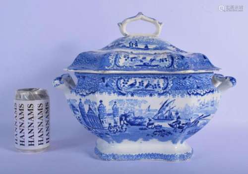 AN EARLY 19TH CENTURY ENGLISH BLUE AND WHITE TUREEN AND COVE...