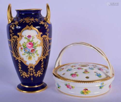EARLY 2OTH C. MINTON TWO HANDLED VASE PAINTED WITH FLOWERS O...