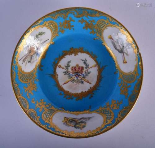 18TH C. SEVRES SAUCER SUPERBLY WITH THREE PANELS DEPICTING A...