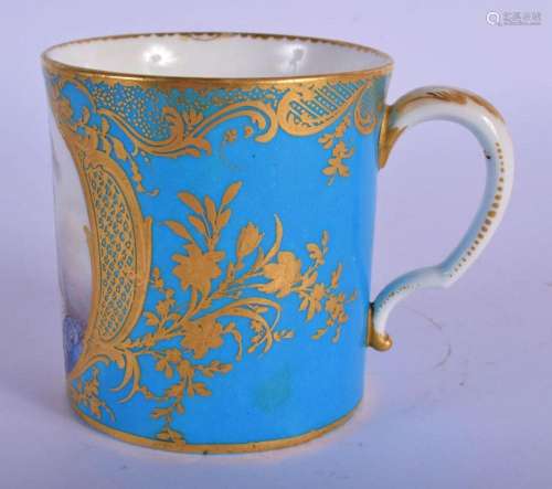 19TH C. SEVRES STYLE MUG WITH TURQUOISE GROUND VERY WELL PAI...