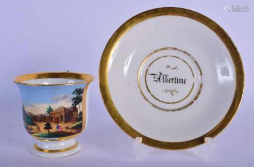 19TH C. BERLIN STYLE COFFEE CUP PAINTED WITH A SCENE ENTITLE...