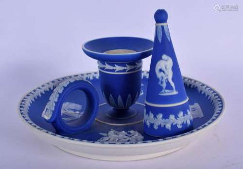 A 19TH C. WEDGWOOD BLUE JASPERWARE CHAMBER STICK WITH APPLIE...