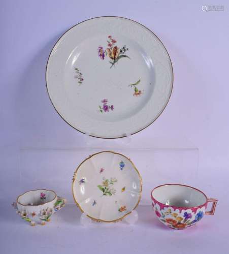 MEISSEN SIX FOOTED FLORAL ENCRUSTED CUP AND SAUCER PAINTED W...