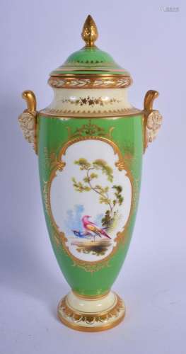 COALPORT VASE AND COVER PAINTED WITH EXOTIC BIRDS ON A LIME ...