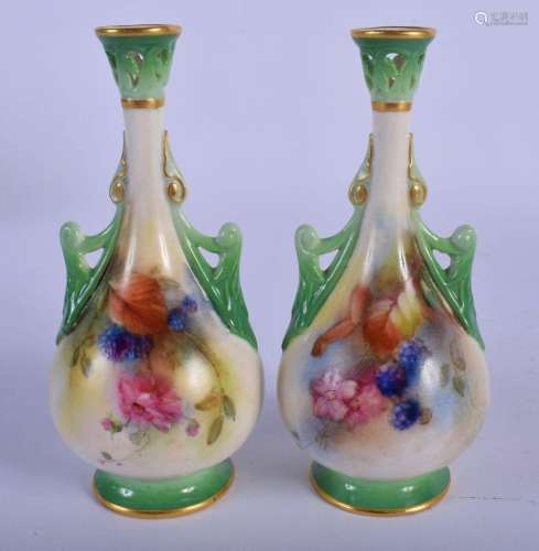 19TH C. HADLEY WORCESTER PAIR OF MINIATURE VASES PAINTED WIT...