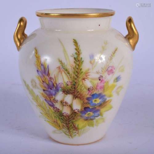 ROYAL WORCESTER TWO HANDLED URN PAINTED WITH HEATHERS AND WI...