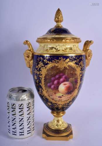 COALPORT LARGE VASE AND COVER PAINTED WITH GRAOPE AND A PEAR...