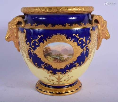 COALPORT JARDINIERE WITH RAMS HEAD HANDLES PAINTED WITH A LA...