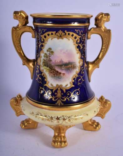 COALPORT TWO HANDLED VASE WITH LION'S HEADS PAINTED WITH...