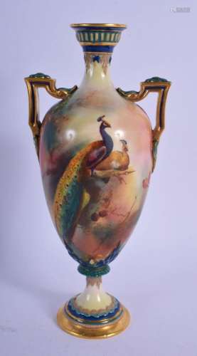 ROYAL WORCESTER VASE PAINTED WITH A PEACOCK AND PEAHEN ON A ...