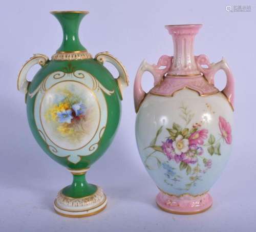 ROYAL WORCESTER TWO HANDLED VASE DECORATED WITH AN OVAL PANE...