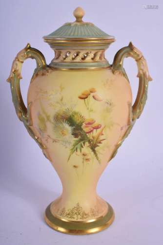 ROYAL WORCESTER TWO HANDLED VASE COVER AND INNER COVER PAINT...