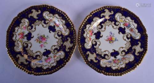 ROYAL CROWN DERBY PAIR OF BLUE AND GILT BORDERED PLATES PAIN...