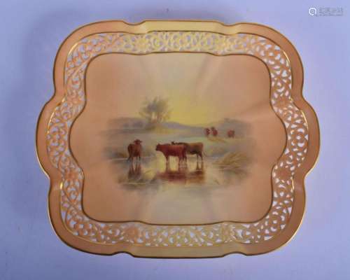 ROYAL WORCESTER LOBED SQUARE DISH WITH RETICULATED BORDER PA...
