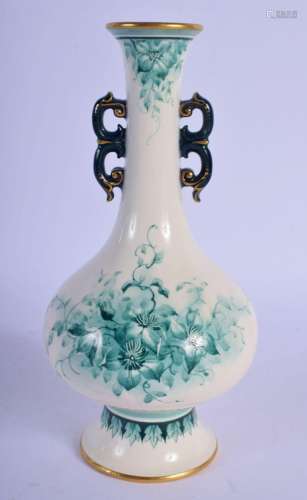 HADLEY WORCESTER TWO HANDLED VASE PAINTED WITH GREEN FLOWERS...
