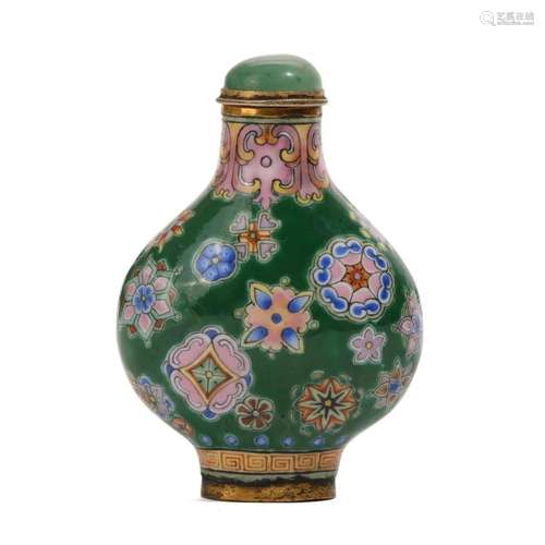 AN ENAMELLED BRONZE FLORAL SNUFF BOTTLE