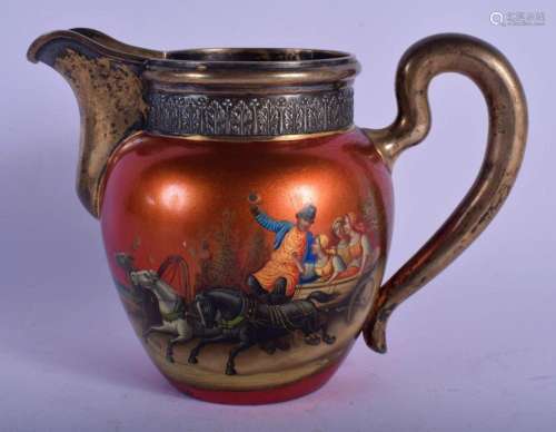 AN ANTIQUE RUSSIAN LACQUERED SILVER JUG painted with scenes ...