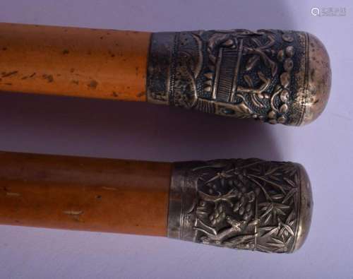 TWO 19TH CENTURY INDIAN SILVER MOUNTED WALKING CANES. Larges...