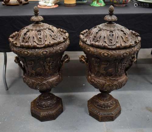 A VERY LARGE PAIR OF CLASSICAL BRONZE VASES AND COVERS decor...