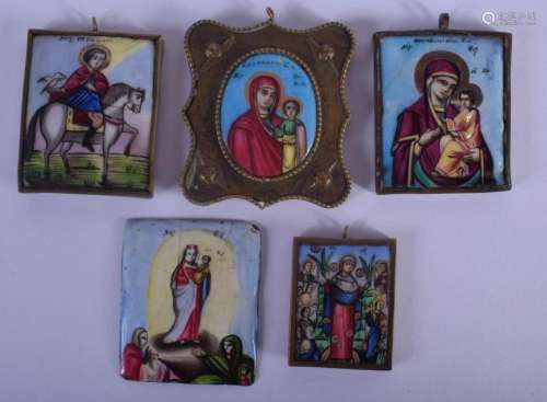 FIVE 18TH CENTURY RUSSIAN ENAMELLED PAINTED ICONS in various...