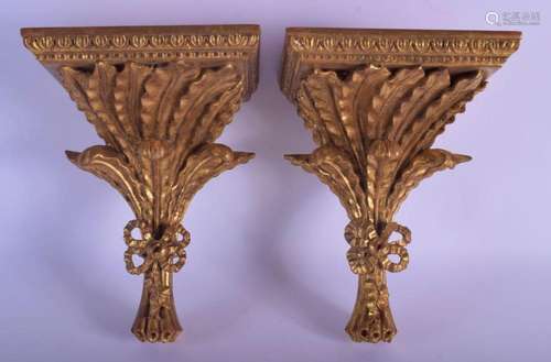 A PAIR OF 19TH CENTURY GILT WOOD COUNTRY HOUSE WALL BRACKETS...