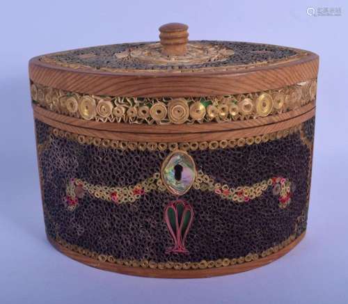 A RARE ANTIQUE ENGLISH ROLLED PAPER OVAL TEA CADDY decorated...