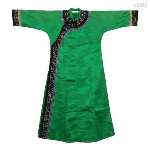 A GREEN-GROUND EMBROIDERED LADY'S ROBE