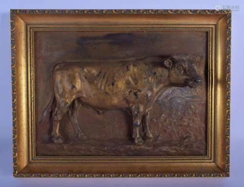 AN ANTIQUE EUROPEAN RAISED MIXED METAL ALLOY PANEL OF A BULL...
