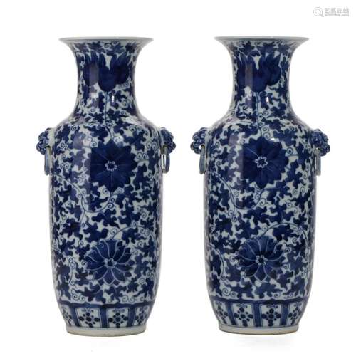 A PAIR OF BLUE AND WHITE 'LOTUS SCROLL' VASES