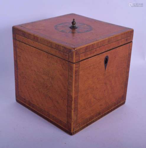 A GEORGE III MAHOGANY SQUARE FORM TEA CADDY decorated with a...