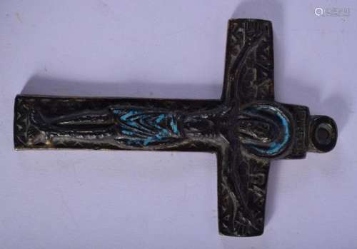 AN EARLY EUROPEAN ENAMELLED BRONZE CRUCIFIX possibly 12th/13...