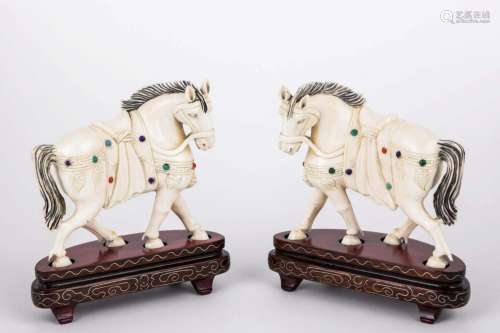 REPUBLIC OF CHINA A PAIR OF BONE HORSES WITH INLAID