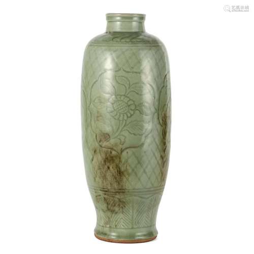 A LONGQUAN CELADON CARVED FLORAL VASE