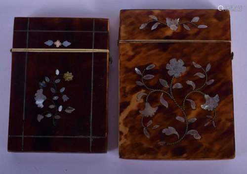 TWO 19TH CENTURY ENGLISH TORTOISESHELL CARD CASES inlaid wit...